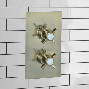 ENKI Edwardian Antique Brass Crosshead 2-Outlet Solid Brass Thermostatic Twin Shower Valve TSV065