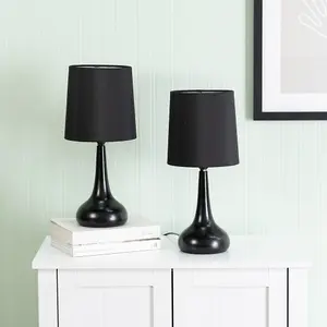 Pair - Black Teardrop Touch Dimmer Table Lamps with Black Shade for Bedside Table Bedroom Light - LED Bulbs Included