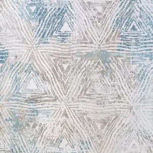 Silver Blue Metallic Distressed Geometric Living Area Rug 60x110cm