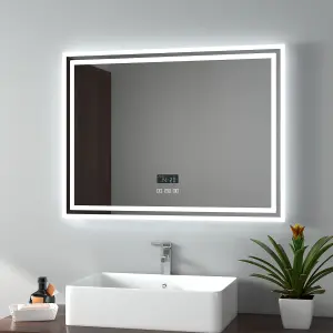 EMKE Illuminated Bluetooth Bathroom Mirror with Shaver Socket, 600x800MM Bathroom Mirror with Fuse, Demister, Clock