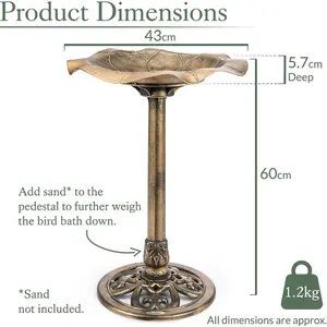 Garden Bird Bath Resin Leaf Birdbath With Rustic Metal Effect H60cm Bronze Christow