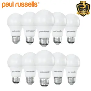 paul russells LED GLS Dimmable Bulb Edison Screw ES E27, 8.5W 806Lumens 60w Equivalent, 4000K Cool/Natural White Light, Pack of 10