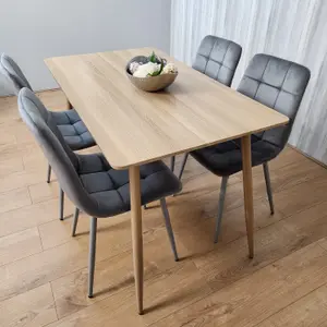 Rectangle Oak Effect Kitchen Dining Table With 4 Grey Velvet Tufted Chairs Dining Set