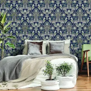 Holden Decor Etosha Navy Wallpaper Floral Animal Print Metallic Paste The Wall