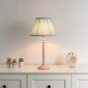 ValueLights Bobbles Rose Pink Bobbin Table Lamp with Blue Pleated Shade