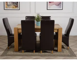 Kuba 150 x 85 cm Chunky Medium Oak Dining Table and 6 Chairs Dining Set with Lola Brown Leather Chairs