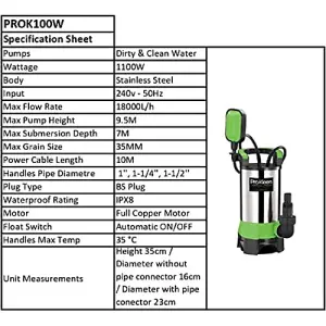 Pro-Kleen Submersible Water Pump Electric 1100W Stainless Steel with 25m Heavy Duty Hose