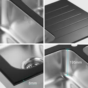 JASSFERRY Glossy Black Glass Top Kitchen Sink Stainless Steel 1.5 Bowl Right Hand Drainer