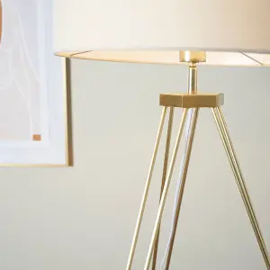 ValueLights Aero Modern Gold Hairpin Design Tripod Floor Lamp with Beige Drum Shade - Includes 6w LED GLS Bulb 3000K Warm White