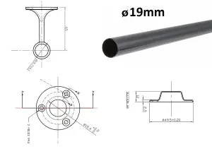 Round Wardrobe Rail Hanging Tube Pipe 1200mm Black Matt Set with End Brackets