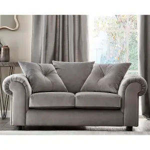 Derby Fabric Grey Sofa 3 Seater, 2 Seater Scatter Back, Scroll Arms