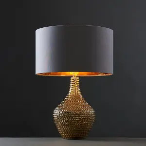 ValueLights Bailey Metallic Gold Indent Textured Ceramic Table Lamp with Grey Gold Drum Shade