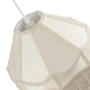 White Sleek Satin Victorian Lamp Shade with Floral Leaf Decor and White Tassels