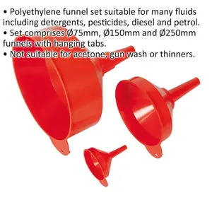 Versatile 3 Piece Fixed Spout Funnel Set for Easy Fluid Transfer - 75mm, 150mm, 250mm