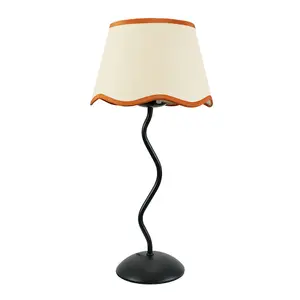 ValueLights Wiggle Black Metal Stem Table Lamp with Linen Scallop Rust Trim Tapered Lamp Shade and LED Bulb