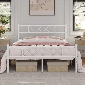 Yaheetech White 4ft6 Double Metal Bed Frame with Cross-design Headboard & Footboard