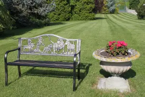 Metal Garden Bench with Cast Iron 'Puppies Design' Back Rest