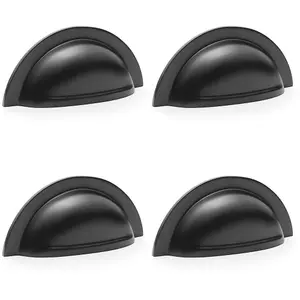 4 PACK - Ridged Cup Handle - Matt Black - 76mm Centres Solid Brass Shaker Drawer Pull