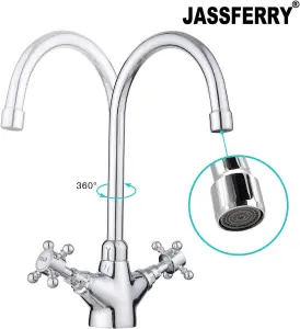 JASSFERRY Kitchen Mixer Tap Monobloc Brass Two Crosshead Lever Swivel Spout Chrome