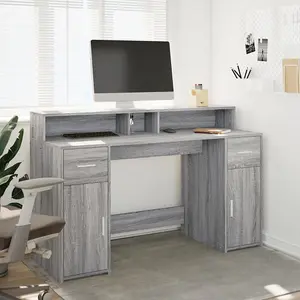 Berkfield Desk with LED Lights Grey Sonoma 140x55x91 cm Engineered Wood