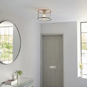 Bright Nickel Semi Flush Ceiling Light & Clear Glass Shade - Low Ceiling Fitting