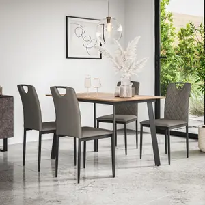 Haydon Extending Dining Table And Chairs -  Oak Effect Table Top w Black Legs + Monza Faux Leather Dining Chair Set Of 4 (Grey)