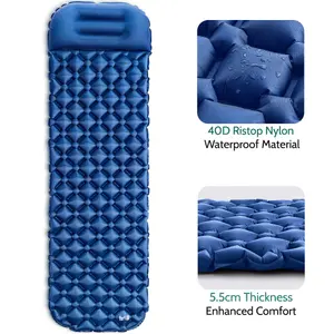 Lightweight Sleeping Mat With Pillow Ultra Light Inflatable Camping Mattress 5.5cm - Blue