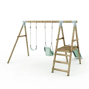 Limited Edition Rebo Double Wooden Swing Set with Slide - Odyssey - Pastel Green