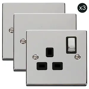 3 PACK - Polished Chrome 1 Gang 13A DP Ingot Switched Plug Socket - Black Trim - SE Home