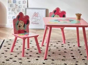 Disney Minnie Mouse Table and Chairs Set, 15mm MDF, pine wood, Light Pink, Table: W60 X D60 X H48cm, Chair: W28 X D29 X H58cm