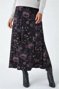 Roman Floral Print Midi Elastic Waist Stretch Skirt - Pink - Mid Length Skirts Size 10