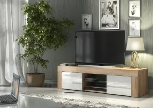 TV Unit 130cm Modern Oak with High Gloss White Doors - Creative Furniture