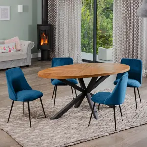 Dosenna Oval Dining Table Set with 4 Morandi Velvet Chairs - Blue