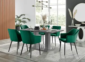 Imperia Grey High Gloss 6 Seater Dining Table with Structural 2 Plinth Column Legs 6 Green Velvet Black Leg Calla Art Deco Chairs