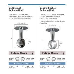 EAI - Hanging Wardobe Rail Kit - 25mm Tube - 2400mm Rail with 2x End Brackets & 1x Centre Brackets - Polished Chrome