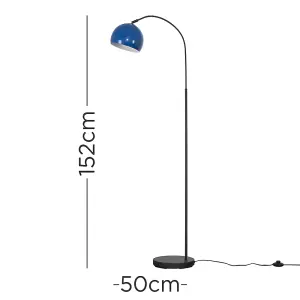 ValueLights Designer Style Dark Grey Curved Stem Floor Lamp With Navy Blue Dome Shade Complete With 6w LED GLS Bulb In Warm White