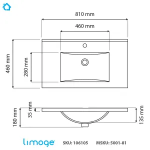 5001 Ceramic 80cm x 45cm Mid-Edge Inset Basin with Scooped Bowl