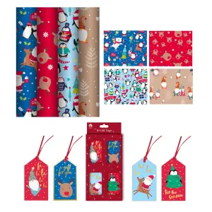 4 x 7M Cute Christmas Wrapping Paper Rolls Kids Xmas Gift Wrap & 16 Gift Tags