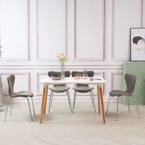 White Rectangular Dining Table with 4 pcs of Grey Velvet  Stackable Chairs