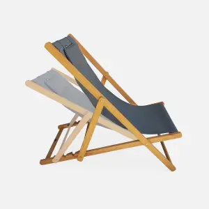 sweeek. Pair of eucalyptus deck chairs with headrest cushions Creus Anthracite 102x56x86 cm