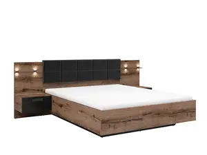 Luxury King Size Bed Euro Frame Padded Headboard LED Light USB Chargers Bedside Cabinets Oak Black Kassel