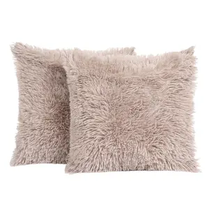 Sienna Fluffy 2 x Cushion Covers Soft Shaggy, 18"x 18" - Natural Brown