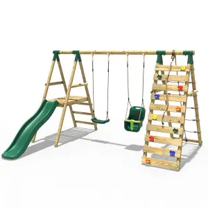 Rebo Wooden Swing Set with Deck and Slide plus Up and Over Climbing Wall - Moonstone Green