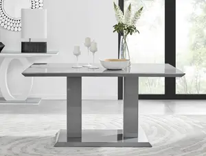 Imperia Grey High Gloss 6 Seater Dining Table with Structural 2 Plinth Column Legs 6 Blue Velvet Black Leg Pesaro Chairs