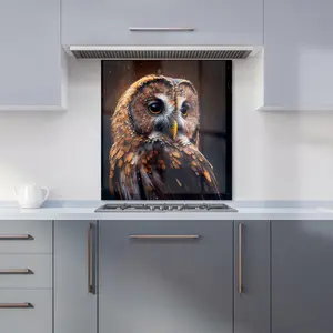 Tawny Owl Face Splashart Dark Background Premium Glass Kitchen Splashback W600mm x H650mm