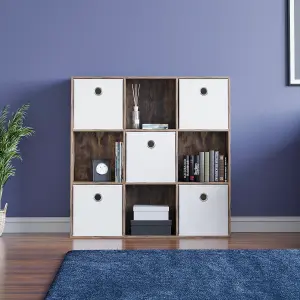 Vida Designs Durham Dark Wood 3x3 Cube Storage Unit & Set of 5 White Foldable Cube Storage Baskets