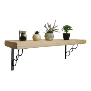 Solid Wood Handmade Rustical Shelf Unprimed 225mm 9 inch with Black Metal Bracket WPRP Length of 100cm