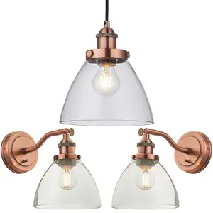 Ceiling Pendant & 2x Matching Wall Light Pack Aged Copper & Clear Glass Shade