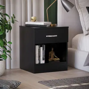 Maybery 1 Drawer Bedside Table With Open Shelf, Bedroom Storage Cabinet Black