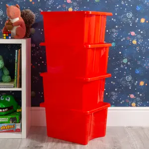 Wham 4x Stack & Store 30L Red Plastic Storage Boxes. Home, Office, Classroom, Playroom, Toys, Books. L45.5 x W35 x H25cm